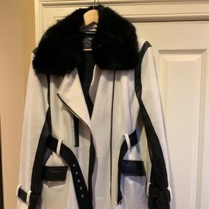 Black Noir Coat with leather and fur detail